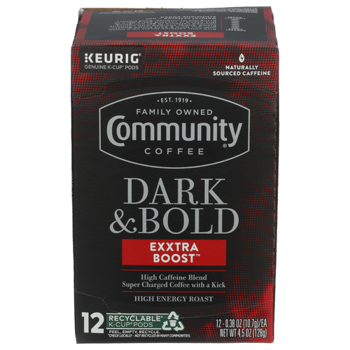 Community Coffee Dark & Bold Exxtra Boost Roast Single Serve Cups - 0.375 Ounce - 12 Count Image 1 of 3