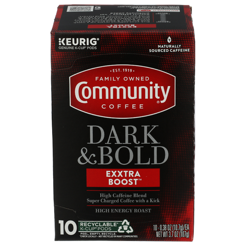Community Coffee Company Dark & Bold Exxtra Boost Single Serve Coffee K Cups - 0.37 Ounce - 10 Count Image 1 of 3