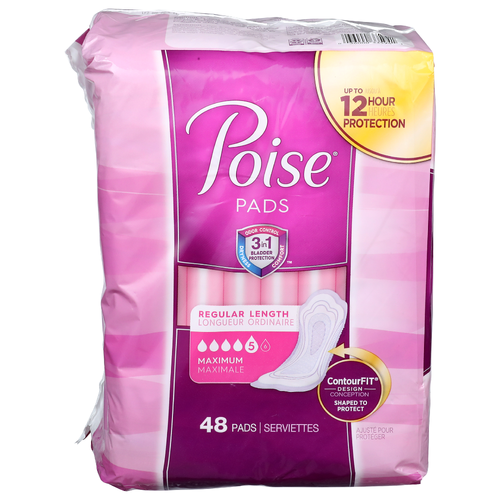 Poise Regular Length 5 Maximum Pads - 48 Count