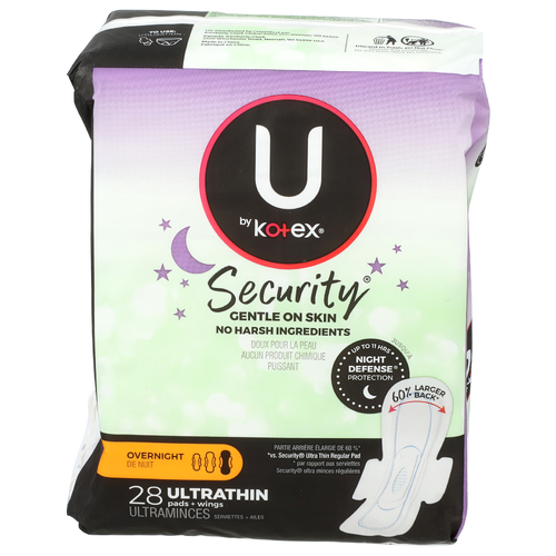 U By Kotex Security Overnight Pads + Wings - 28 Count