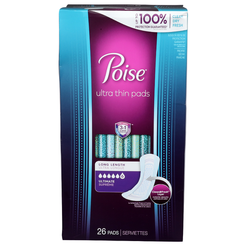 Poise Long Length Ultra Thin Pads - 26 Count