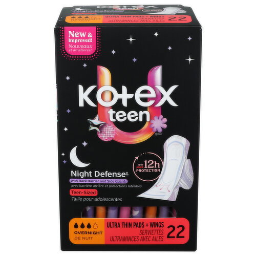 Kotex Teen Overnight Ultra Thin Pads With Wings - 22 Count Image 1 of 3