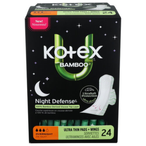 Kotex Bamboo Overnight Ultra Thin Pads With Wings - 24 Count