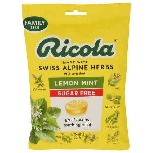 RICOLA Sugar Free Lemon Mint Cough Dropsthroat Lozenges - 45 Count