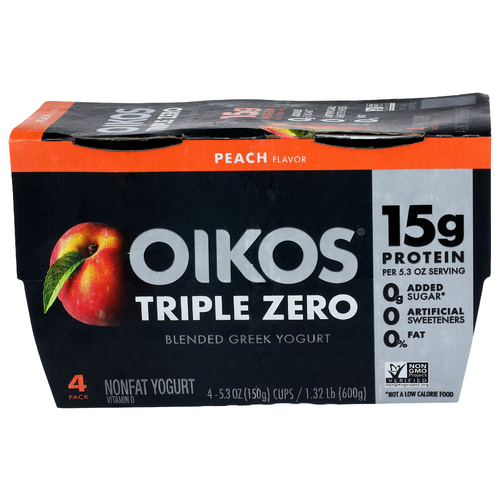Oikos Triple Zero Peach Flavor Blended Greek Yogurt - 5.3 Ounce - 4 Count