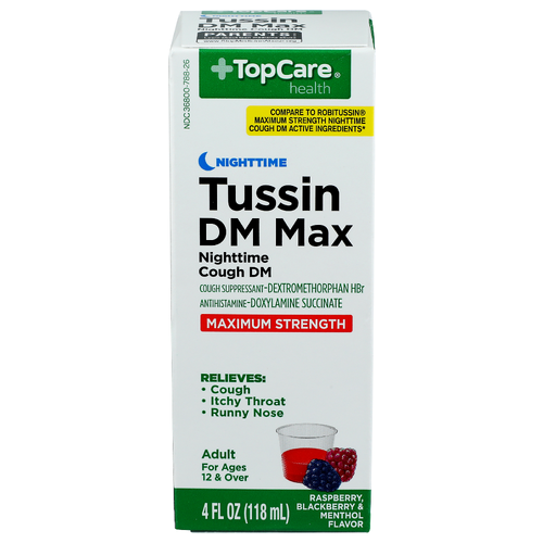 Top Care Health Raspberry, Blackberry & Menthol Maximum Strength Nighttime Tussin Dm Max - 4 Fluid Ounce