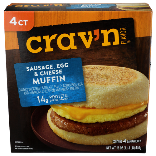 CRAV'N Flavor Sausage Egg & Cheese Breakfast Sandwiches - 4.5 Ounce - 4 Count Image 1 of 4