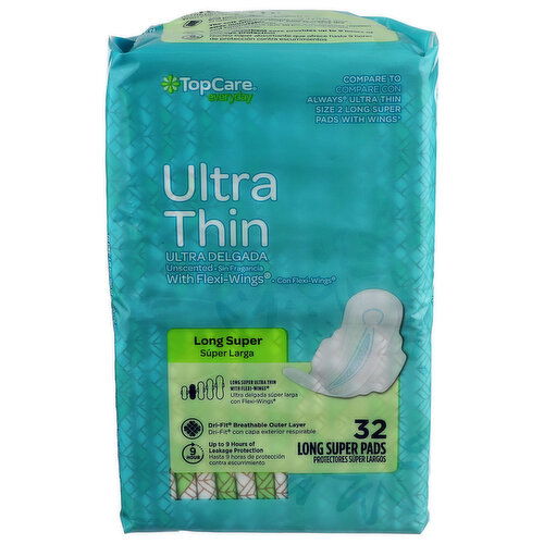 Top Care Everyday Ultra Thin Long Super Pads With Wings - 32 Count