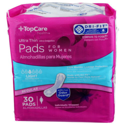 Top Care Health Regular Light Absorbency Ultra Thin Pads For Women - 30 Count