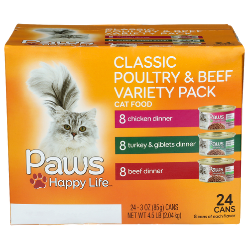 Paws Happy Life Chicken Dinner Turkey & Giblets Beef Classic Poultry & Beef Cat Food - 3 Ounce - 24 Count