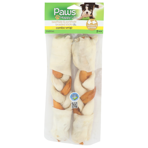 Paws Happy Life Real Beef & Porkhide Combo Wrap Beefhide & Porkhide Braided Sticks - 2 Count