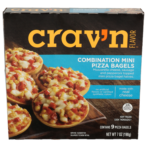 Crav'n Flavor Mozzarella Cheese, Sausage And Pepperoni Topped Mini Pizza Bagel Halves. Combination Bagels - 0.778 Ounce - 9 Count