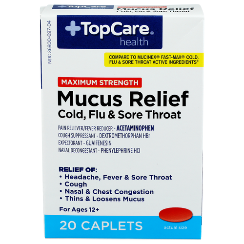 Top Care Health Maximum Strength Mucus Relief Cold, Flu & Sore Throat Caplets - 20 Count