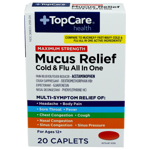 Top Care Health Maximum Strength Mucus Relief Cold & Flu All In One Caplets - 20 Count