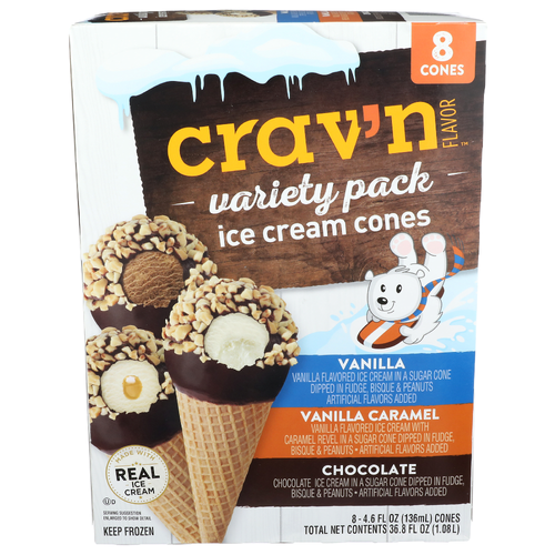 Crav'n Flavor Vanilla Caramel Chocolate Variety Pack Ice Cream Cones - 4.6 Fluid Ounce - 8 Count