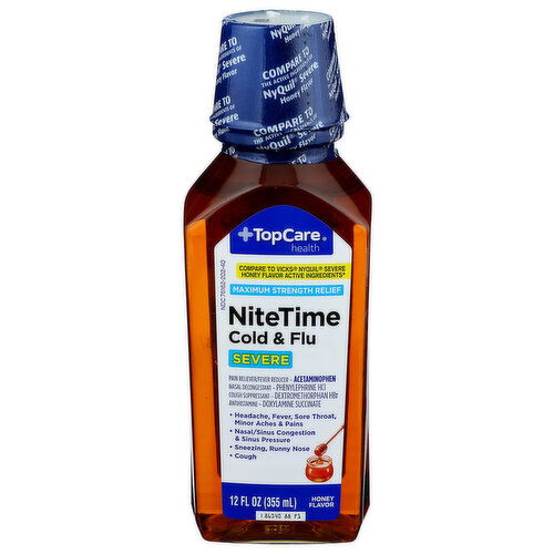 Top Care Health Honey Maximum Strength Severe Nite Time Cold & Flu Relief - 12 Fluid Ounce