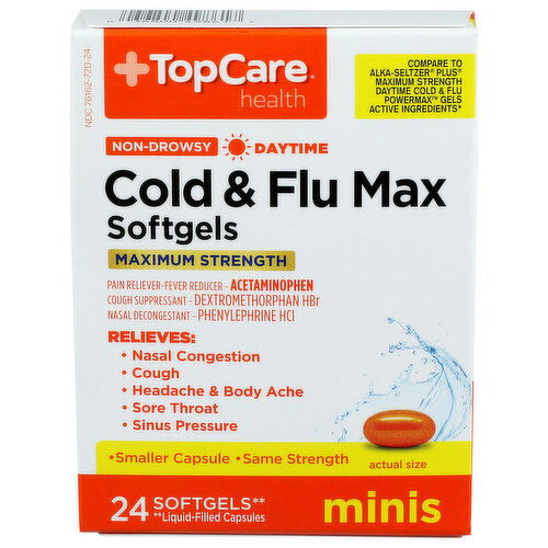 Top Care Health Maximum Strength Non-Drowsy Day Time Cold & Flu Softgel Minis - 24 Count