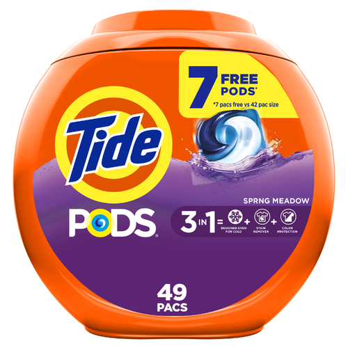 Tide Pods Laundry Detergent Pacs, 3-In-1 Stain Remover, Odor Fighter, Color Protector, , He Compatible, Spring Meadow Scent - 49 Count