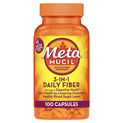 Metamucil Daily Psyllium Husk Powder Supplement, 3-In-1 Fiber For Digestive Health, Plant Based Capsules Pack Of 2 - 100 Count