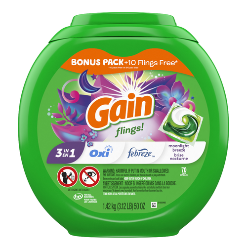 Gain Flings Laundry Detergent Pacs, Moonlight Breeze Scent, 1 He With Oxi Boost And Febreeze - 70 Count