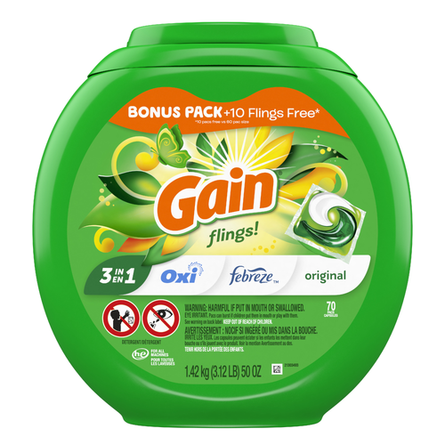 Gain Flings Laundry Detergent Pacs, Original Scent, 1 He With Oxi Boost And Febreeze - 70 Count