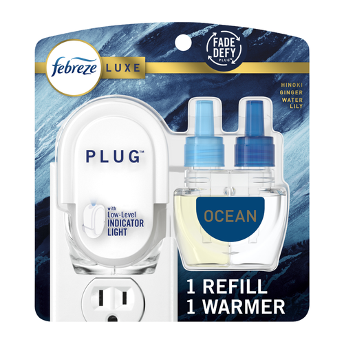 Febreze Plug In Air Freshener, Odor-Fighting Scented Oil Starter Kit, Ocean, Warmer + 1 Refill - 0.87 Ounce