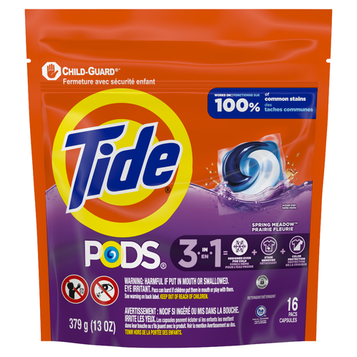 Tide Pods Laundry Detergent Pacs, 3-In-1 Stain Remover, Odor Fighter, Color Protector, He Compatible, Spring Meadow Scent - 16 Count
