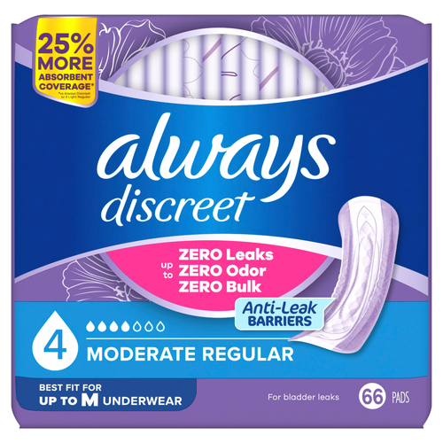 Always Discreet Adult Incontinence Pads For Women, Moderate Absorbency, Regular Length, Postpartum Pads - 66 Count