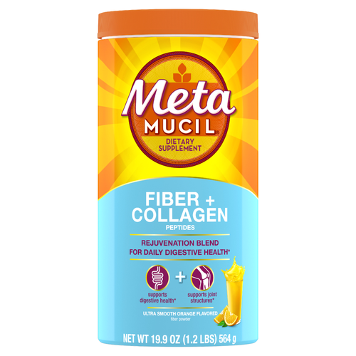 Metamucil Daily Fiber + Collagen, Psyllium Husk Powder, Plant Based Sugar-Free With Stevia, 3-In-1 For Digestive Health, Orange Flavored, 60 Doses - 19.9 Ounce
