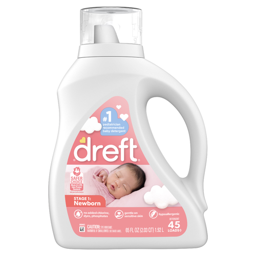Dreft Stage 1 Newborn Baby Liquid Laundry Detergent, Gentle On Sensitive Skin, He Compatible, 45 Loads - 65 Ounce