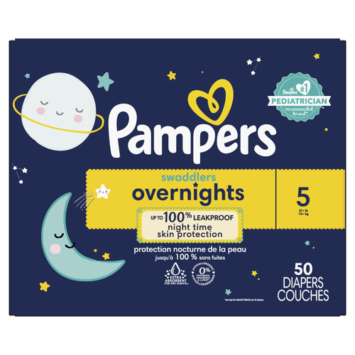 Pampers Swaddlers Overnights Diapers Size 5 27+ Lbs, Disposable Baby Nighttime Leak And Skin Protection - 50 Count