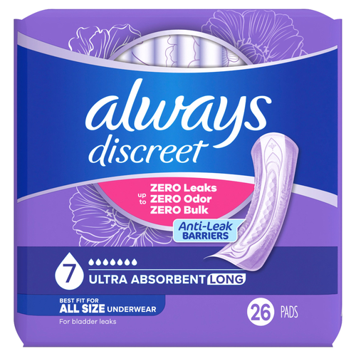 Always Discreet Adult Incontinence Pads For Women, Ultimate Extra Absorbency, Long Length, Postpartum Pads - 26 Count