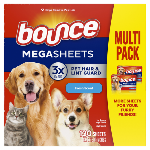 Bounce Pet Hair And Lint Guard Mega Dryer Sheets With 3x Fighters, Fresh Scent, Remover For Laundry - 130 Count