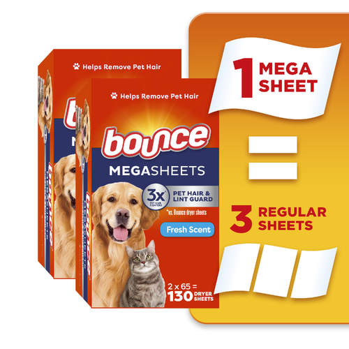 Bounce Pet Hair And Lint Guard Mega Dryer Sheets With 3X Fighters, Fresh Scent, , Sheets, Remover For Laundry - 130 Count