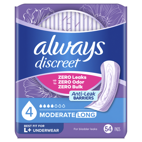 Always Discreet Incontinence Pads, Moderate Absorbency, Long - 54 Count