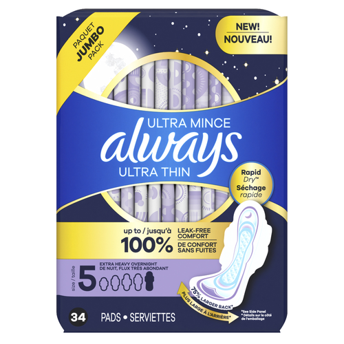 Always Ultra Thin Overnight Pads, Size 5, Extra Heavy Unscented - 34 Count