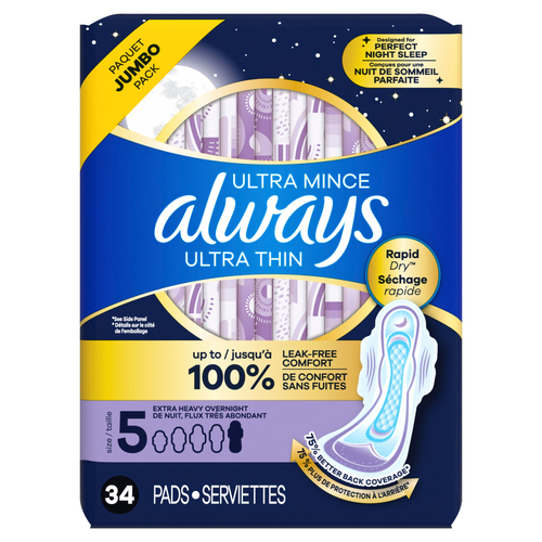 Always Ultra Thin Overnight Pads, Size 5, Unscented - 34 Count Image 1 of 2
