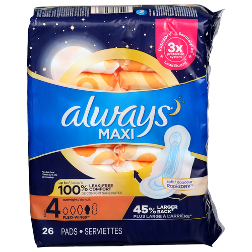 Always Maxi Size 4 Overnight Flexi-Wings Pads - 26 Count