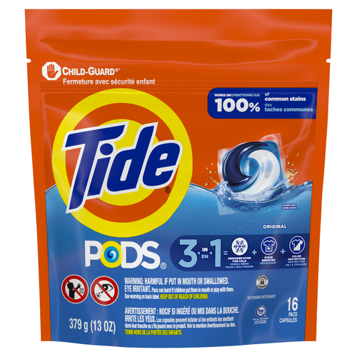 Tide Pods Laundry Detergent Pacs, 3-In-1 Stain Remover, Odor Fighter, Color Protector, He Compatible, Original Scent - 16 Count
