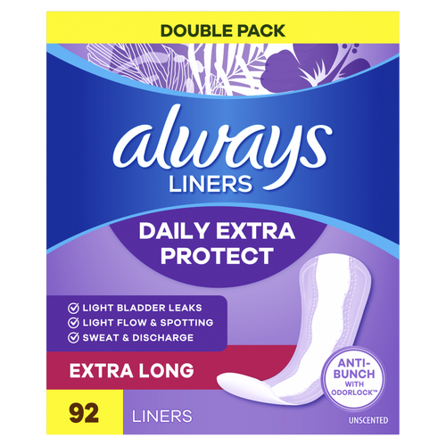 Always Daily Extra Protect Liners, Long Length, Unscented Panty - 92 Count