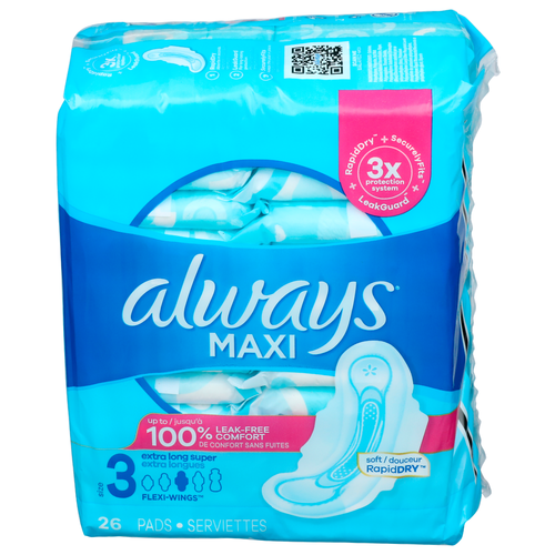 Always Maxi Size 3 Extra Long Super Flexi-Wings Maix Pads - 26 Count