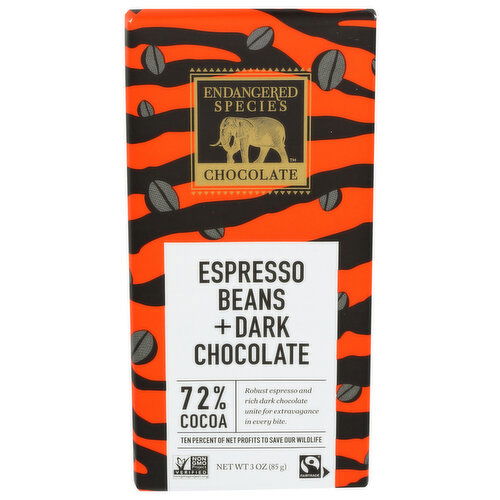 Endangered Species Chocolate 72% Dark With Espresso Beans - 3 Ounce