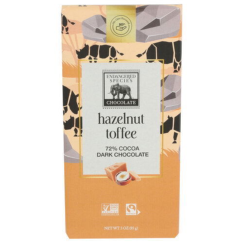 Endangered Species Chocolate 72% Dark Chocolate + Hazelnut Toffee With - 3 Ounce - 1 Count