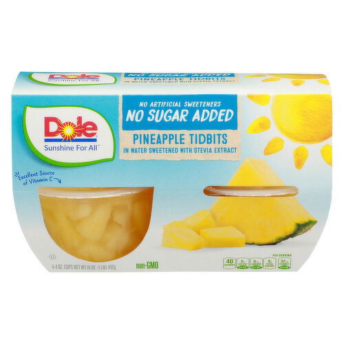 Dole In Water Sweetened With Stevia Extract Pineapple Tidbits - 4 Ounce - 4 Count