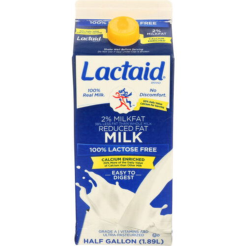 LACTAID Milk 2% Milkfat Reduced Fat 100% Lactose Free - Half Gallon