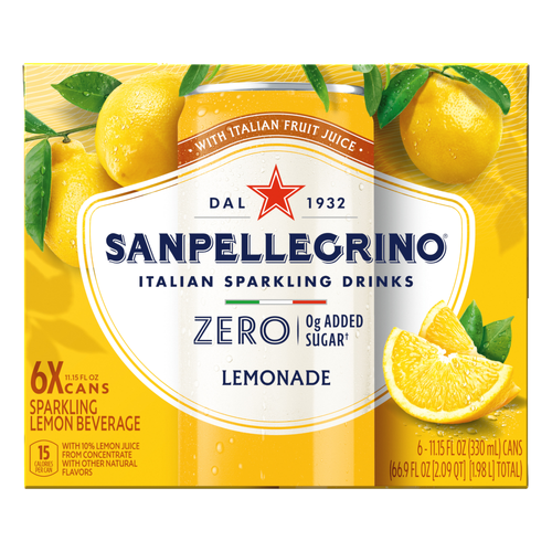 Sanpellegrino Italian Sparkling Drink, Zero Sugar, Lemonade Beverage, 6 Pack Cans - 66.9 Ounce Image 1 of 2