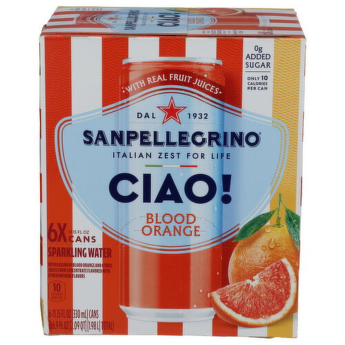 San Pellegrino CIAO! Blood Orange Flavored Sparkling Water - 11.15 Fluid Ounce - 6 Count