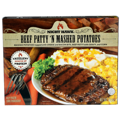 Night Hawk Mashed Potatoes Topped With Cheese And Bacon Bits, Beef Patty Gravy, Corn 'n - 10 Ounce
