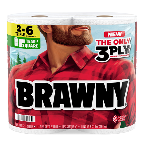 Brawny Towel Tear-A-Square Paper Towels, 2 Triple Rolls - 228 Count