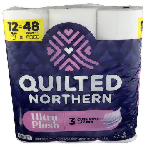 Quilted Northern Toilet Paper, Unscented, Mega Rolls, 3-Ply - 26.917 Square foot - 12 Count
